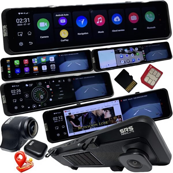 SRSABSOLUTE 2K 4G Dual Dash Cam ADAS Android Mirror Wireless CarPlay Steering control GPS Live Video Loop Record Gsensor BT WIFI HotSpot 1TB MicroSD SIM Support Map App PlayStore Split  Screen S12Ultra