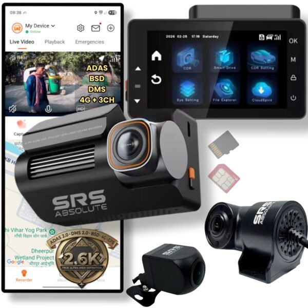SRS ABSOLUTE 3 Channel 2.6K 4G Dash Cam GPS Live Video IR Night Vision STARVIS2 ADAS BSD DMS Parking Monitor Calling Pedestrian TimeLapse WiFi Hotspot Loop Record GSensor 1TB MicroSD SIM Support S52KGen4