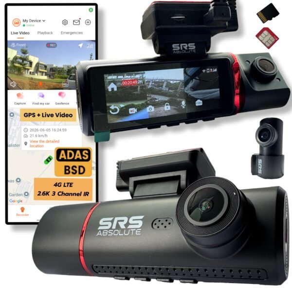 SRSABSOLUTE 3 Channel 4G Dash Cam Record GPS Tracking Live Video ADAS BSD Park Monitor Timelapse WiFi Hotspot Reverse Parking Calling MicroSD SIM (3 Channel 4G ADAS BSD DashCam S44GTrio Gen4)